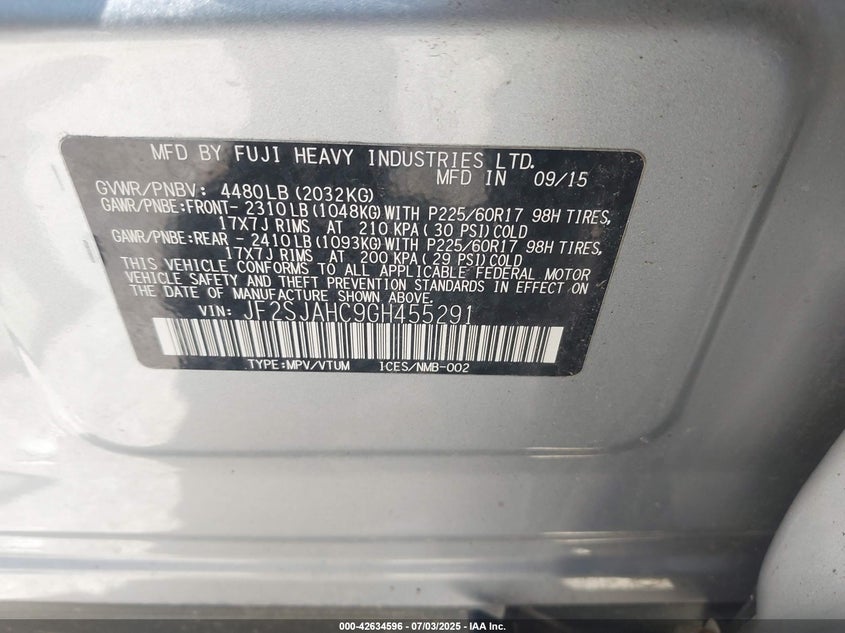 2016 SUBARU FORESTER 2.5I LIMITED - JF2SJAHC9GH455291