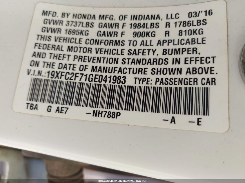 2016 Honda Civic Ex VIN: 19XFC2F71GE041983 Lot: 42634682