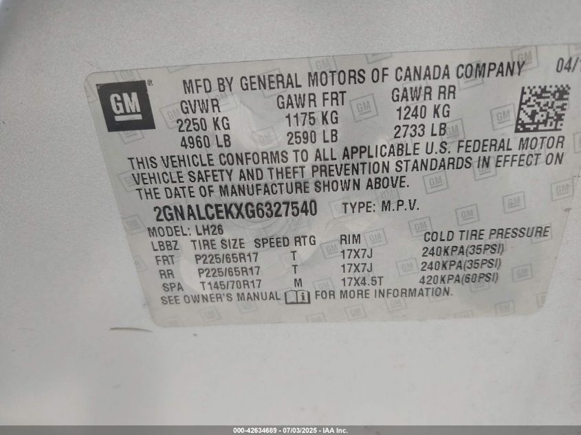 2016 Chevrolet Equinox Lt VIN: 2GNALCEKXG6327540 Lot: 42634689