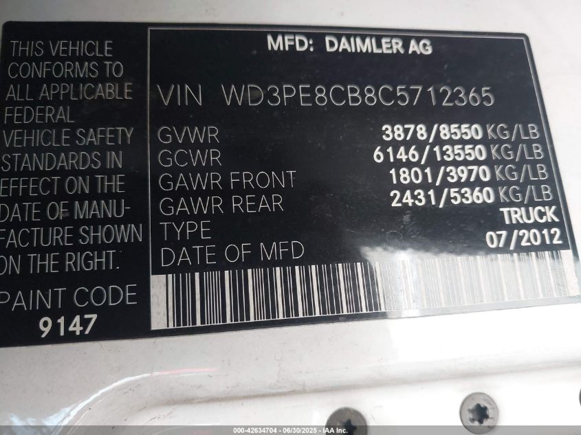 2012 Mercedes-Benz Sprinter 2500 High Roof VIN: WD3PE8CB8C5712365 Lot: 42634704