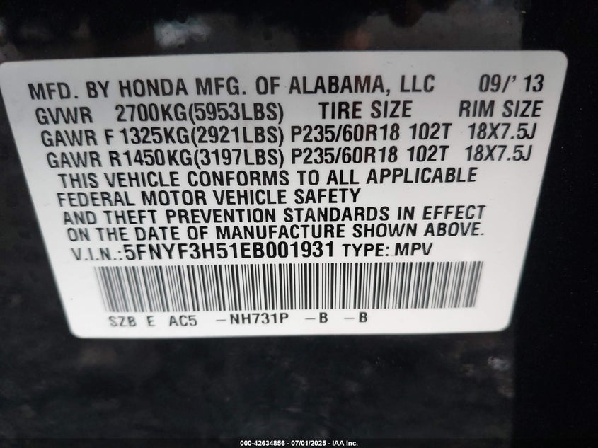 2014 HONDA PILOT EX-L - 5FNYF3H51EB001931
