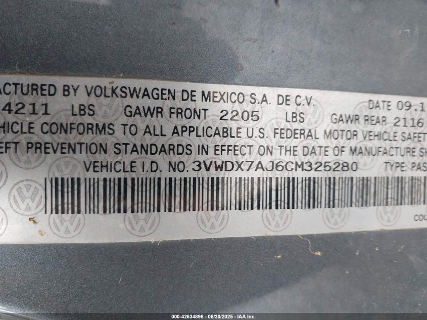 2012 VOLKSWAGEN JETTA VIN: 3VWDX7AJ6CM325280