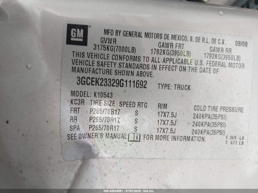 2009 CHEVROLET SILVERADO 1500 VIN: 3GCEK23329G111692