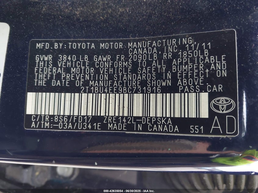 2011 TOYOTA COROLLA VIN: 2T1BU4EE9BC731916