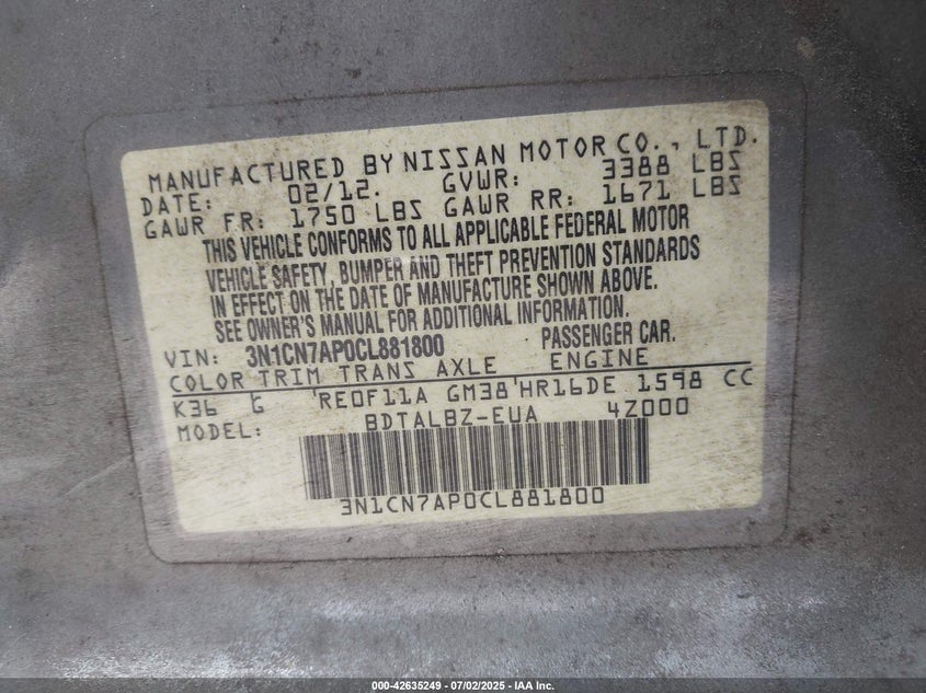 2012 Nissan Versa 1.6 Sv VIN: 3N1CN7AP0CL881800 Lot: 42635249