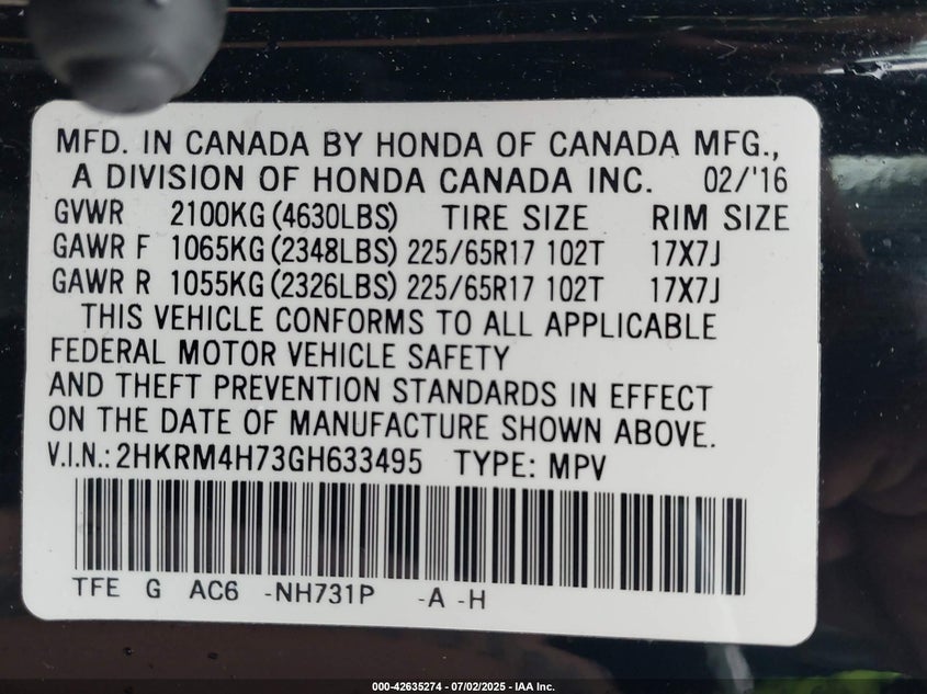 2016 HONDA CR-V EX-L - 2HKRM4H73GH633495