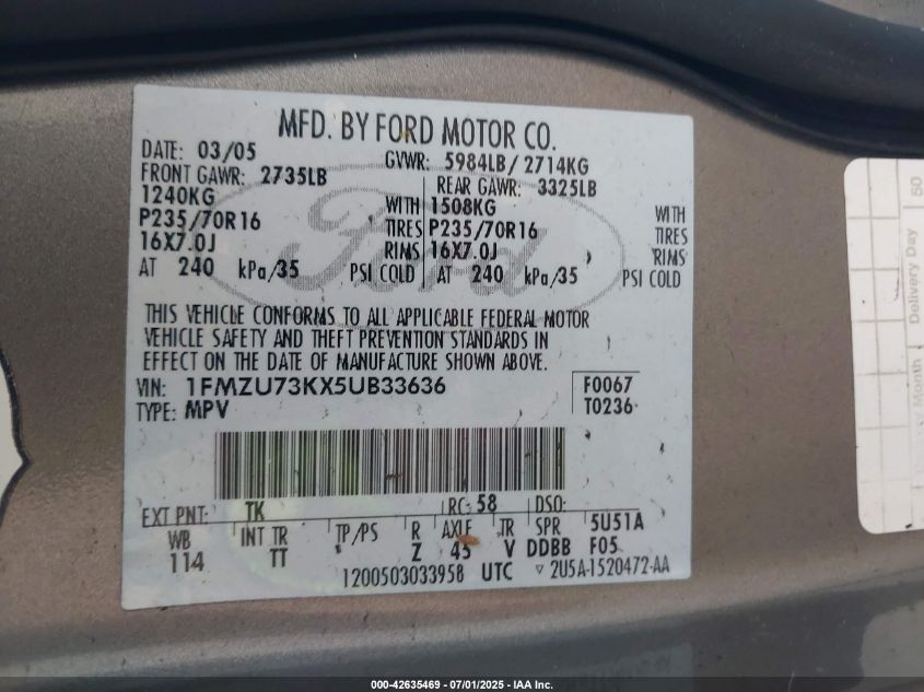 2005 Ford Explorer Xlt/Xlt Sport VIN: 1FMZU73KX5UB33636 Lot: 42635469