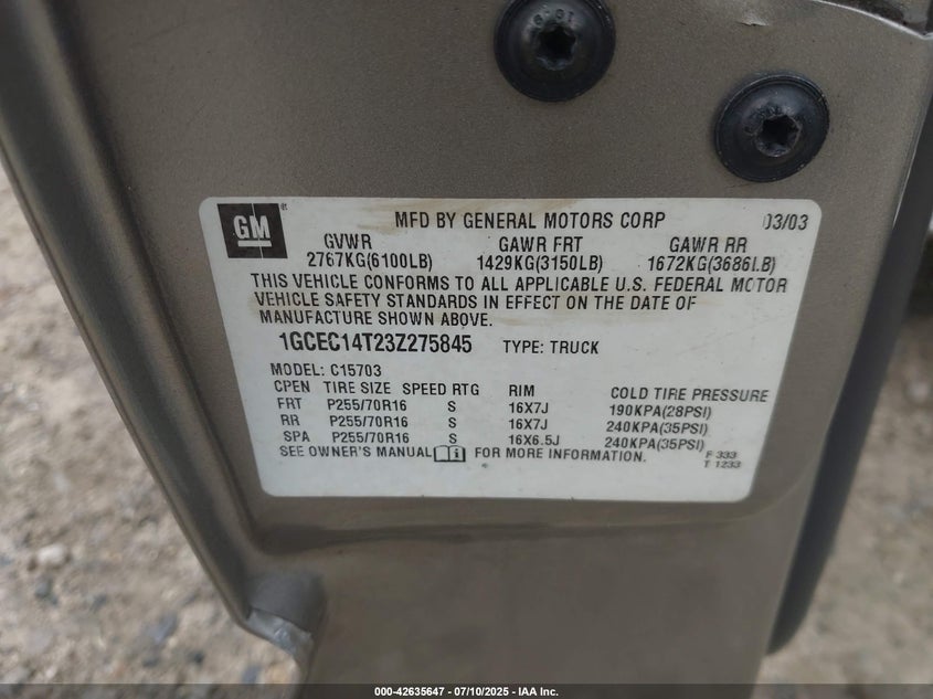 2003 Chevrolet Silverado 1500 Ls VIN: 1GCEC14T23Z275845 Lot: 42635647