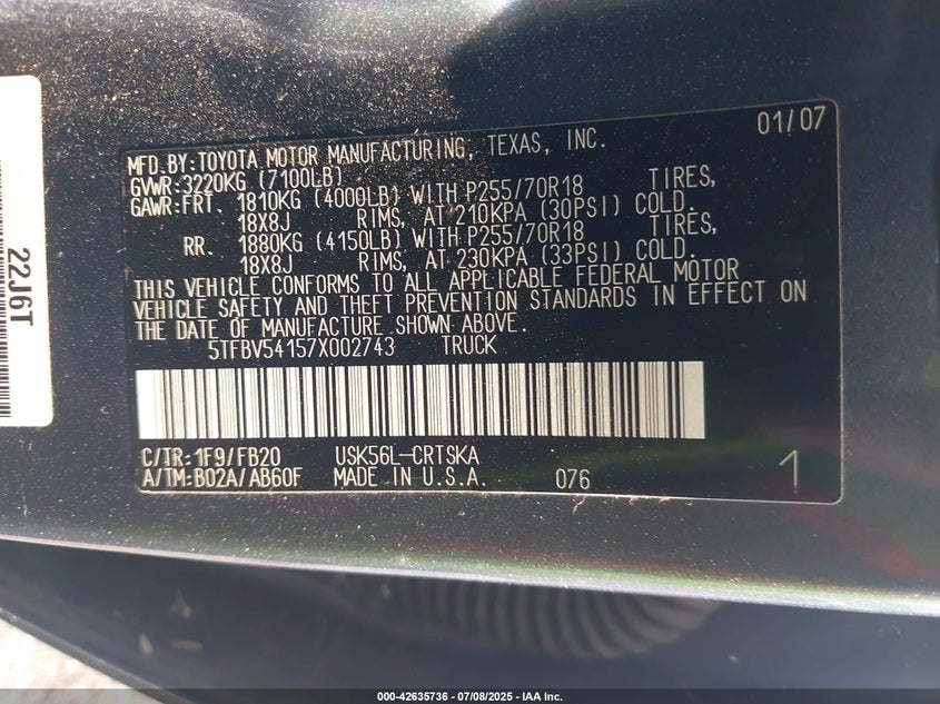 2007 TOYOTA TUNDRA VIN: 5TFBV54157X002743