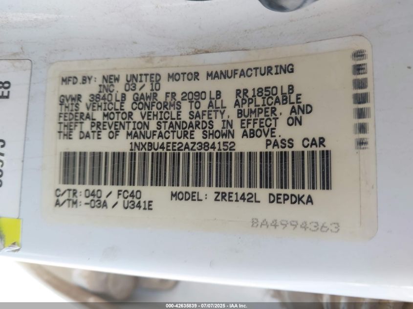 2010 Toyota Corolla Le VIN: 1NXBU4EE2AZ384152 Lot: 42635839