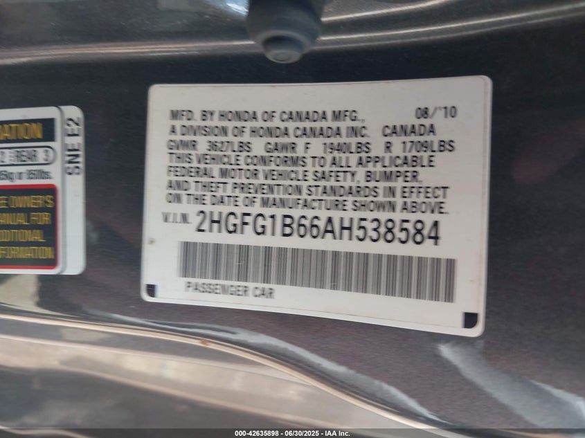2010 HONDA CIVIC VIN: 2HGFG1B66AH538584