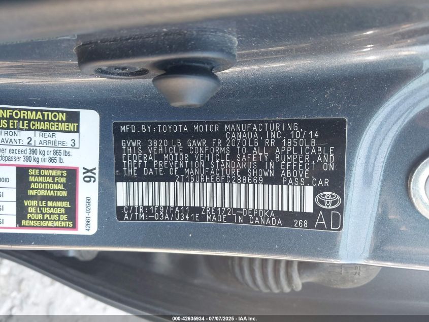 2015 Toyota Corolla L VIN: 2T1BURHE6FC288669 Lot: 42635934