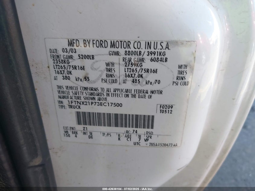 2003 Ford F-250 Lariat/Xl/Xlt VIN: 1FTNX21P73EC17500 Lot: 42636104