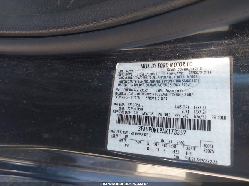 2010 FORD FUSION VIN: 3FAHP0KC9AR173352
