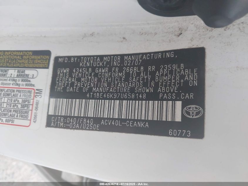 2007 Toyota Camry Le VIN: 4T1BE46K97U658148 Lot: 42636214