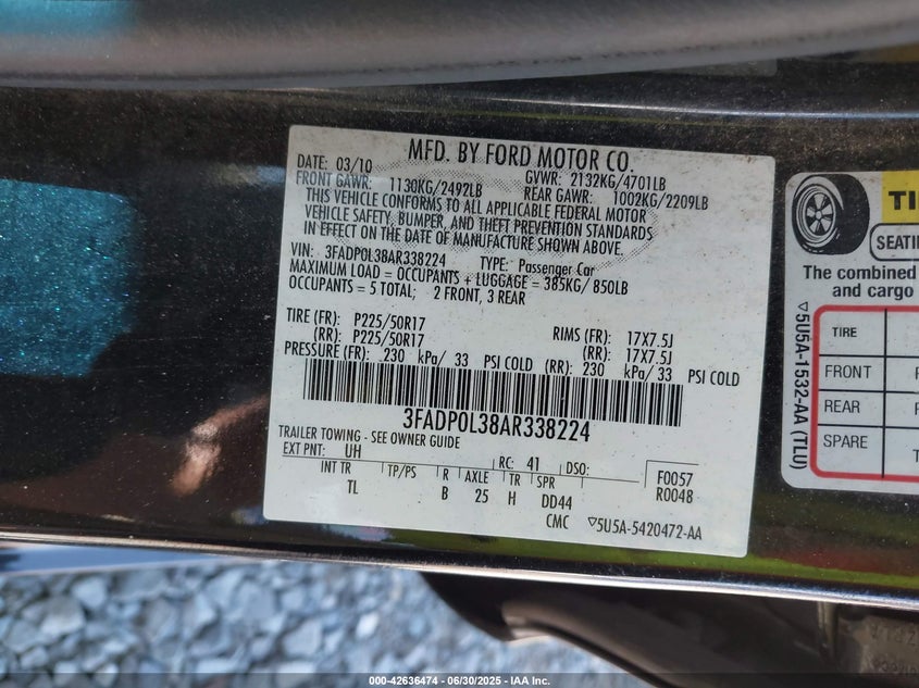 2010 FORD FUSION HYBRID VIN: 3FADP0L38AR338224