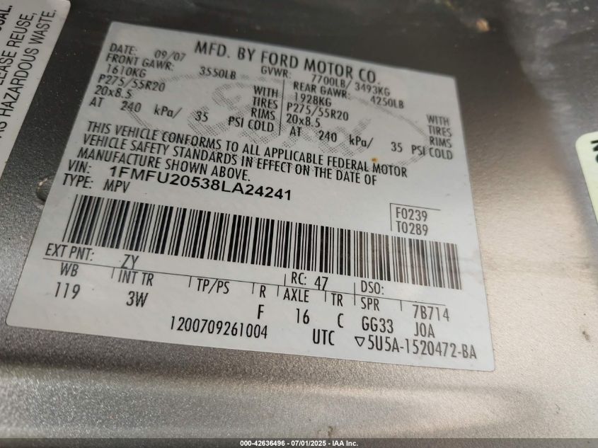 2008 Ford Expedition Limited VIN: 1FMFU20538LA24241 Lot: 42636496