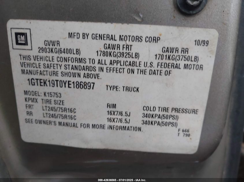 2000 GMC Seara 1500 VIN: 1GTEK19T0TE186897 Lot: 42636565