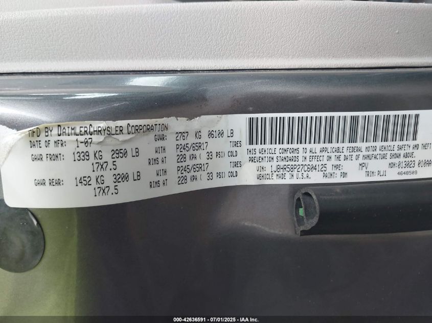 2007 Jeep Grand Cherokee Limited VIN: 1J8HR58P27C604125 Lot: 42636591