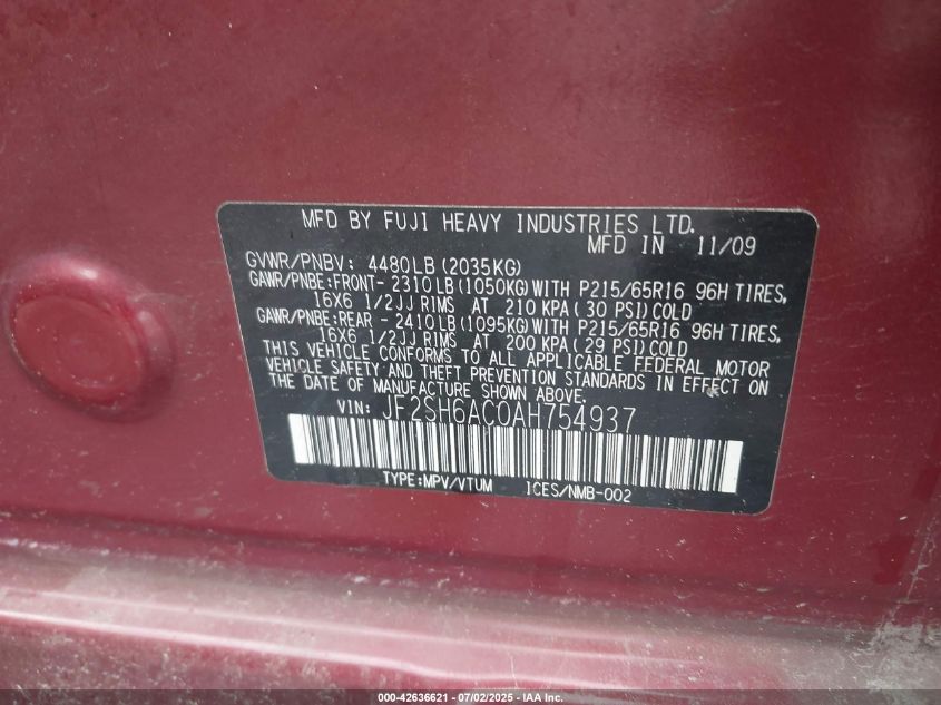 2010 Subaru Forester 2.5X VIN: JF2SH6AC0AH754937 Lot: 42636621