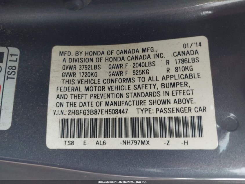 2014 Honda Civic Ex VIN: 2HGFG3B87EH508447 Lot: 42636681