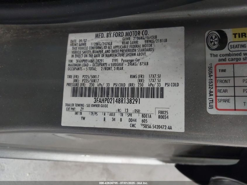 2008 Ford Fusion Sel VIN: 3FAHP02148R138291 Lot: 42636705