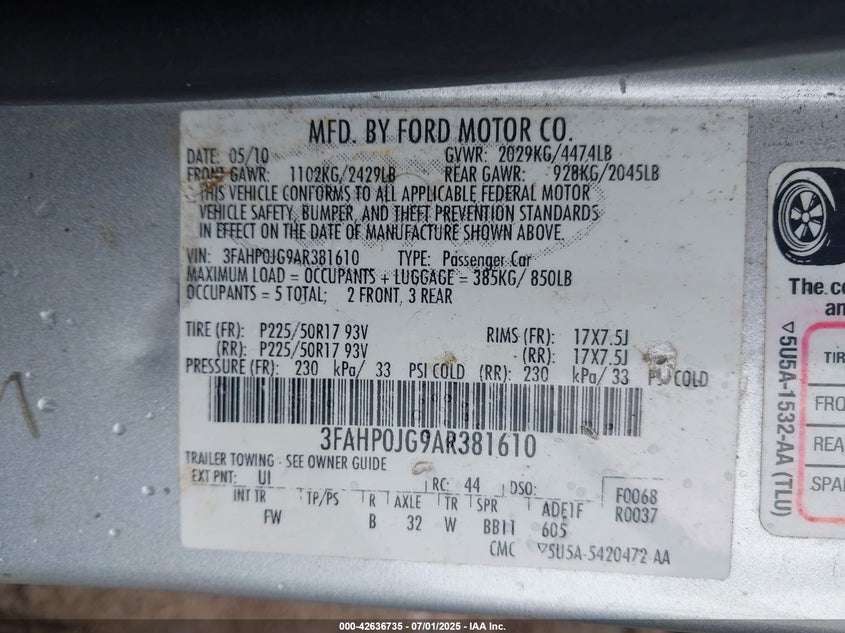 2010 FORD FUSION VIN: 3FAHP0JG9AR381610