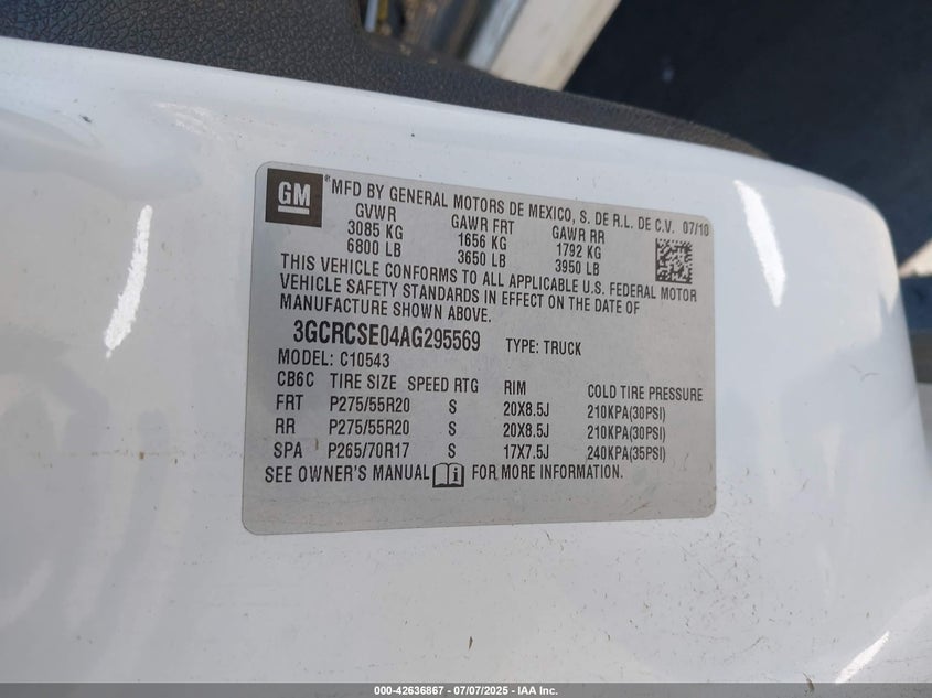 2010 CHEVROLET SILVERADO 1500 VIN: 3GCRCSE04AG295569