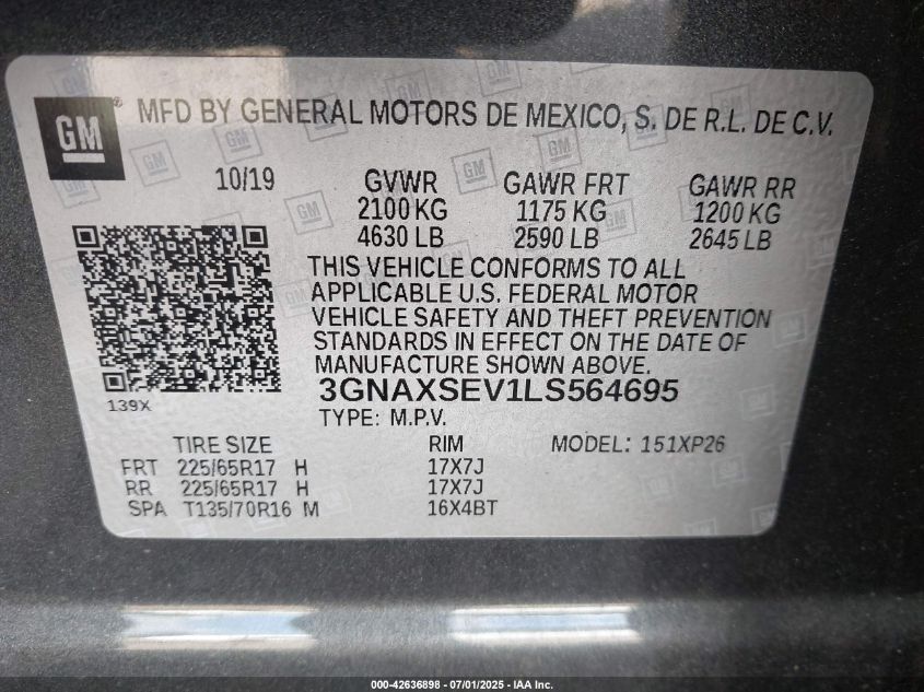 2020 Chevrolet Equinox Awd Ls VIN: 3GNAXSEV1LS564695 Lot: 42636898