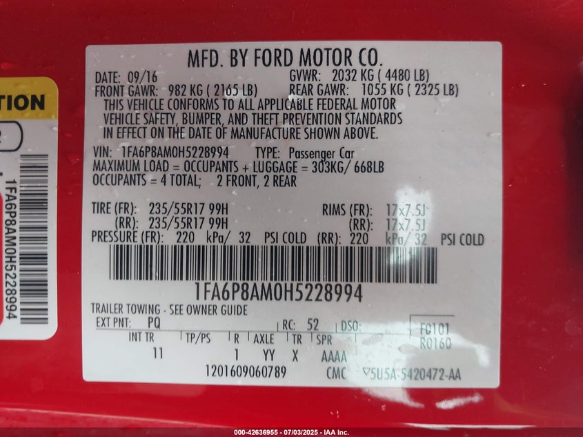 2017 FORD MUSTANG V6 - 1FA6P8AM0H5228994