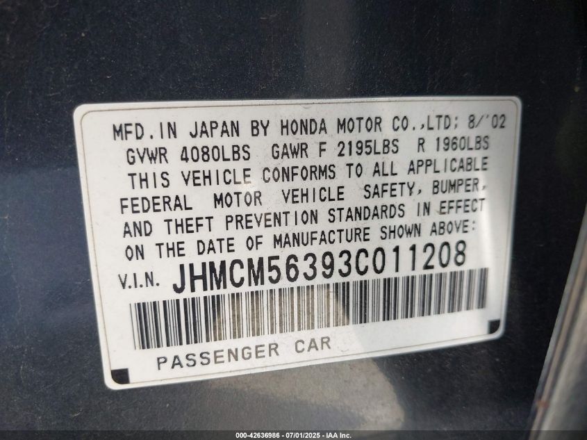 2003 Honda Accord 2.4 Lx VIN: JHMCM56393C011208 Lot: 42636986