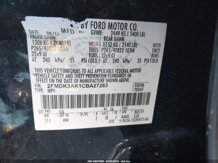 2012 Ford Edge Sport VIN: 2FMDK3AK1CBA27283 Lot: 42637089