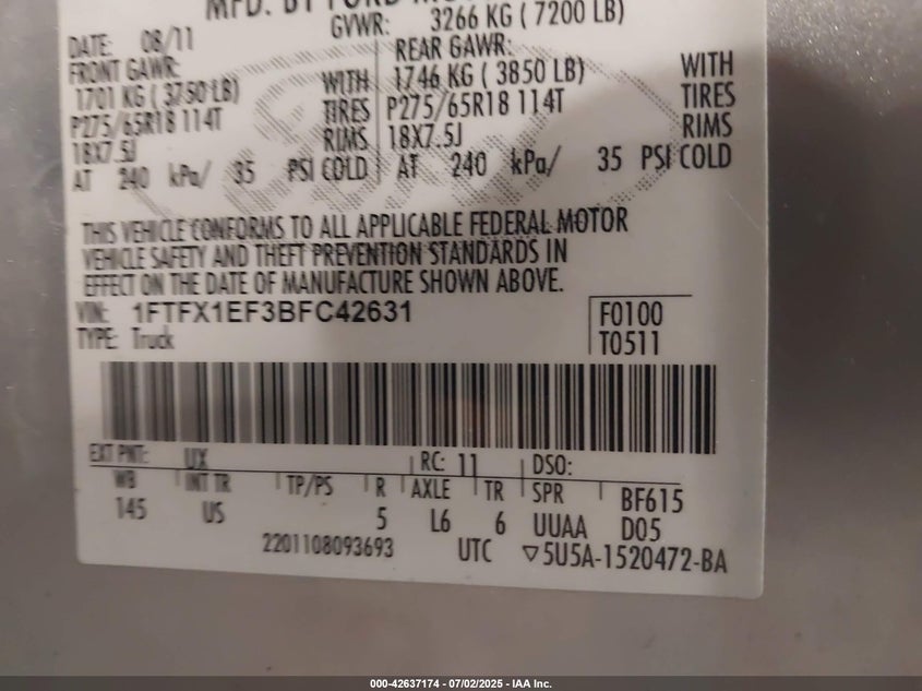 2011 FORD F150 VIN: 1FTFX1EF3BFC42631