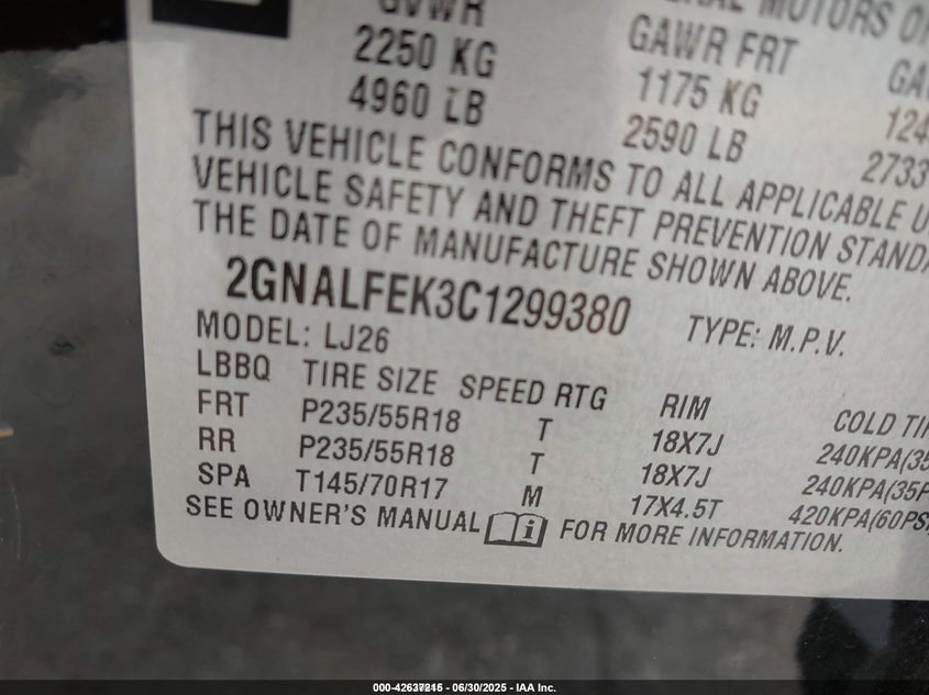 2012 CHEVROLET EQUINOX VIN: 2GNALFEK3C1299380