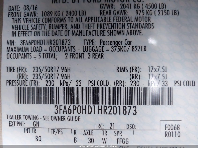 2017 FORD FUSION VIN: 3FA6P0HD1HR201873
