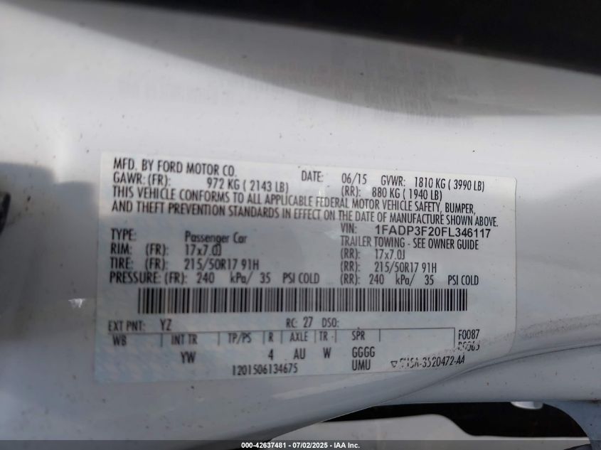 2015 Ford Focus Se VIN: 1FADP3F20FL346117 Lot: 42637481