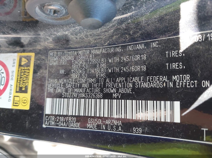 2019 TOYOTA HIGHLANDER LE - 5TDZZRFHXKS326368