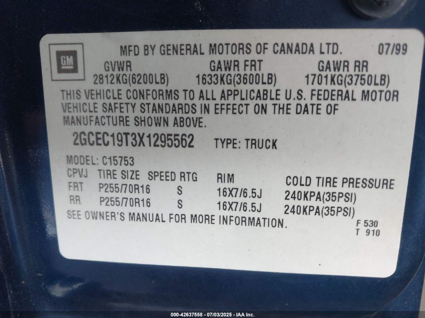 1999 Chevrolet Silverado 1500 Ls VIN: 2GCEC19T3X1295562 Lot: 42637558