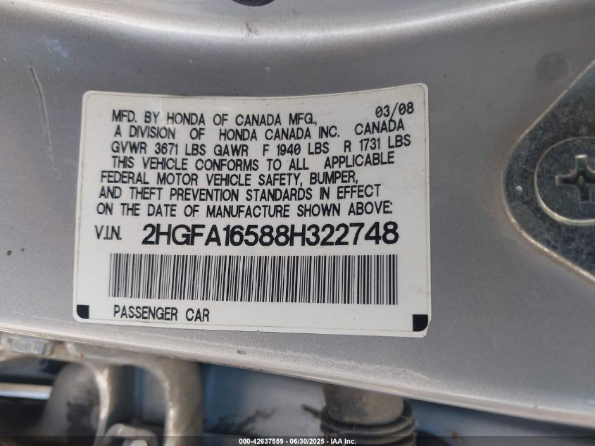 2008 Honda Civic Lx VIN: 2HGFA16588H322748 Lot: 42637559