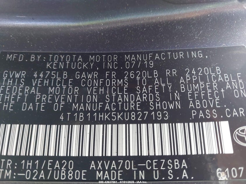 2019 Toyota Camry Se VIN: 4T1B11HK5KU827193 Lot: 42637561