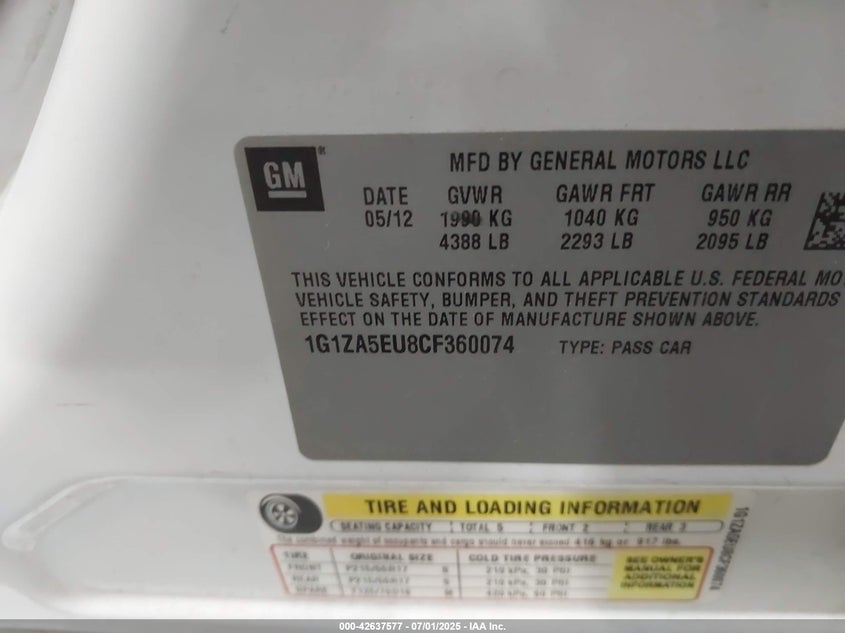 2012 CHEVROLET MALIBU VIN: 1G1ZA5EU8CF360074