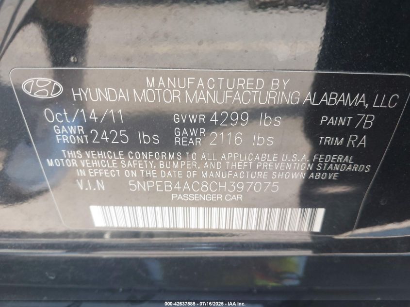 2012 Hyundai Sonata Gls VIN: 5NPEB4AC8CH397075 Lot: 42637585