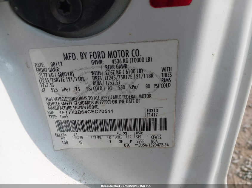 2012 FORD F250 VIN: 1FT7X2B64CEC70511