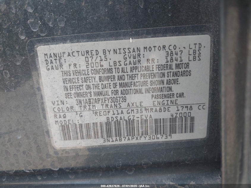 2015 NISSAN SENTRA VIN: 3N1AB7APXFY306739