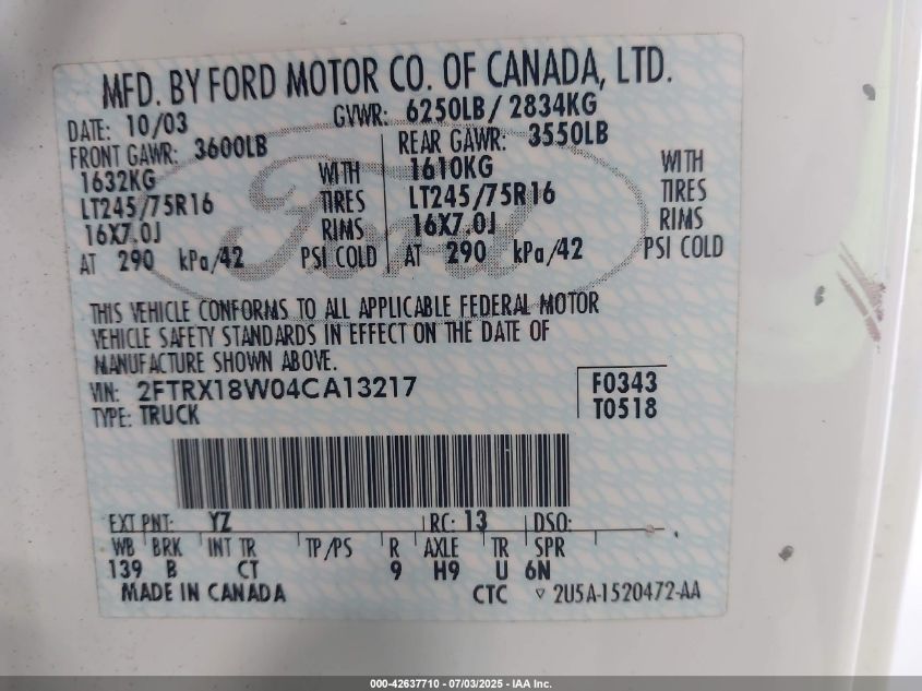 2004 Ford F-150 Heritage Xl/Xlt VIN: 2FTRX18W04CA13217 Lot: 42637710