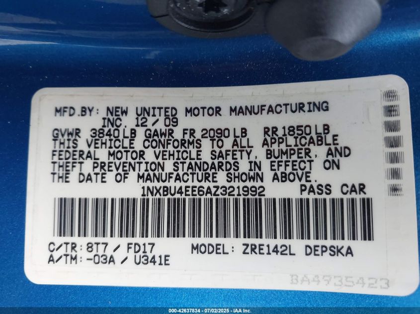 2010 Toyota Corolla S VIN: 1NXBU4EE6AZ321992 Lot: 42637834