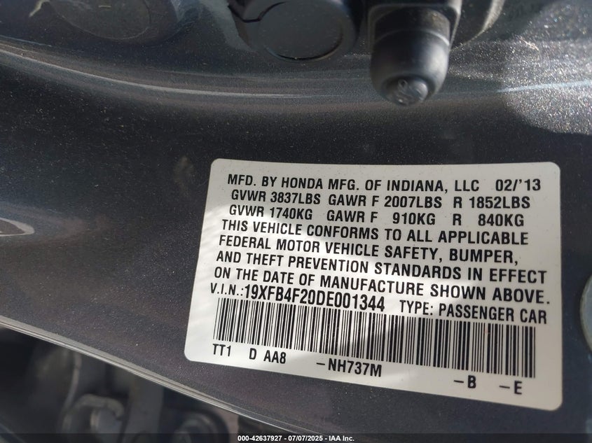 2013 HONDA CIVIC HYBRID VIN: 19XFB4F20DE001344