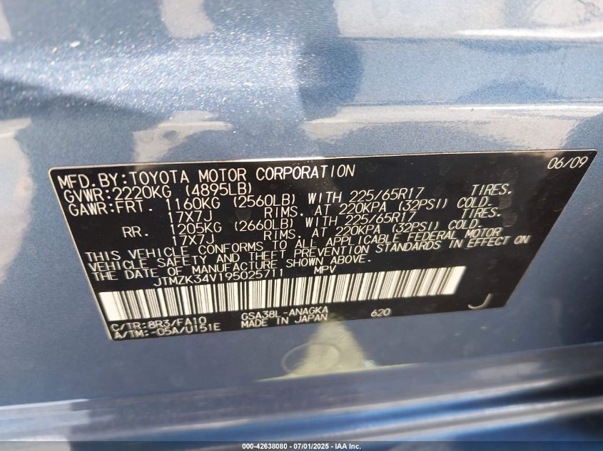 2009 Toyota Rav4 Limited V6 VIN: JTMZK34V195025711 Lot: 42638080