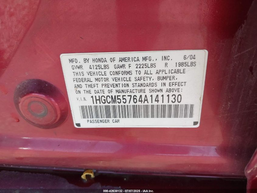 2004 Honda Accord 2.4 Ex VIN: 1HGCM55764A141130 Lot: 42638132