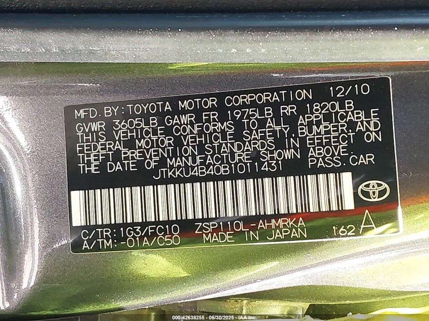 2011 SCION XD VIN: JTKKU4B40B1011431